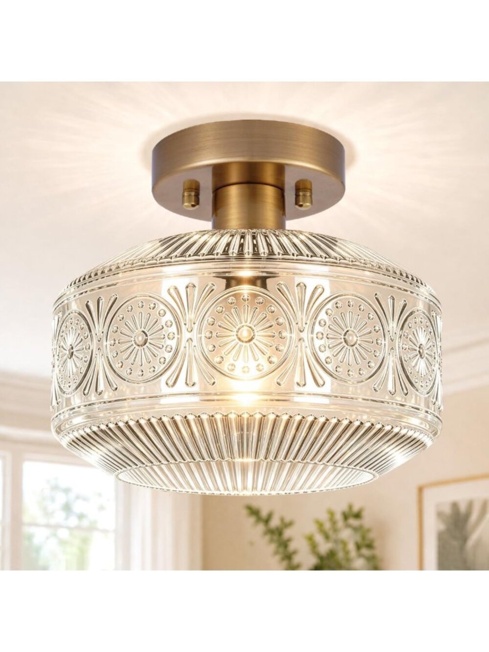 Stylish Semi Flush Mount Ceiling Light - Brass & Thick Glass Fixture for Home